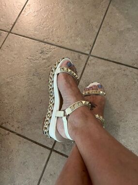 Christian Louboutin White Sandals with Gold Pyramid Studs